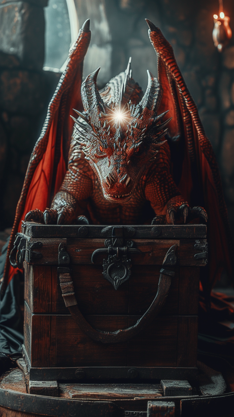 Angry dragon on wooden chest