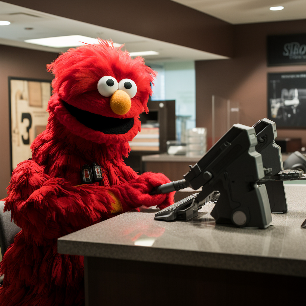 Angry Elmo with M16 Rifle at Bank