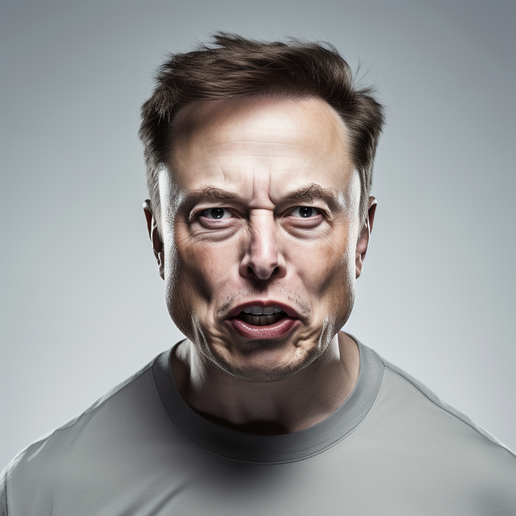 Elon Musk looking angry on light grey background