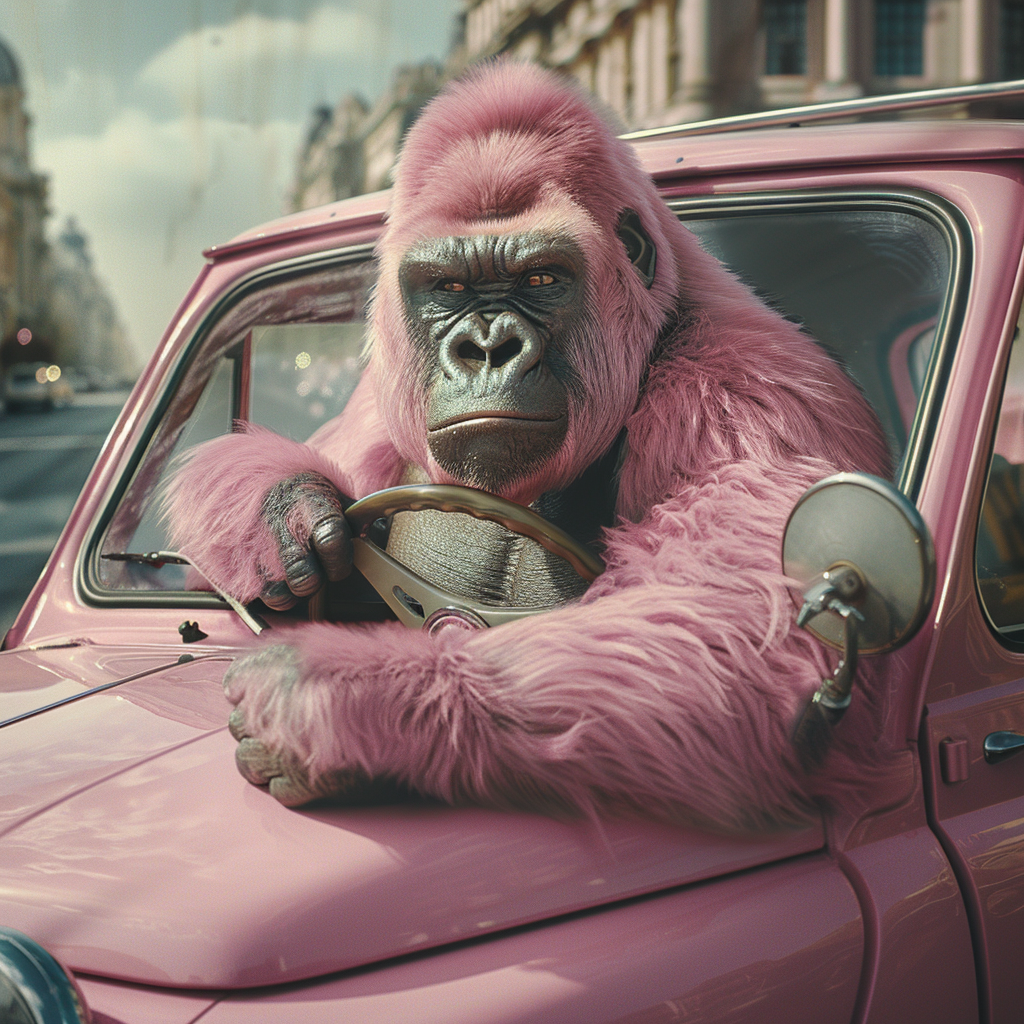 Angry Gorilla in Pink Fiat Car