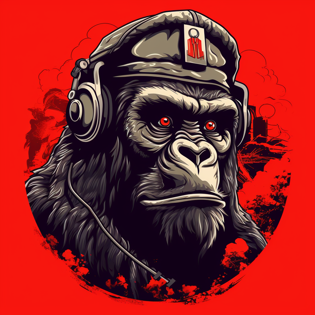 Angry King Kong wearing red beret broadcasting