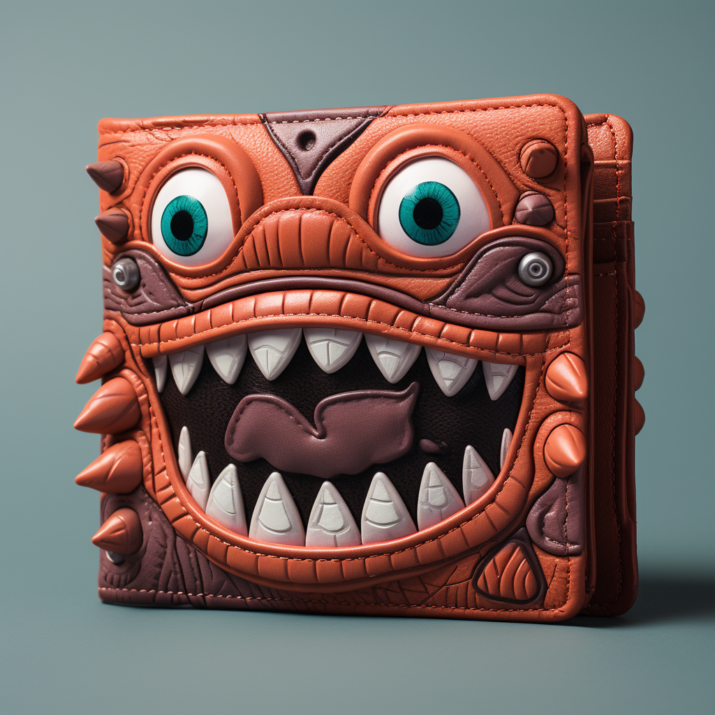 Angry leather wallet monster with coin teeth and dollar bill tongue.