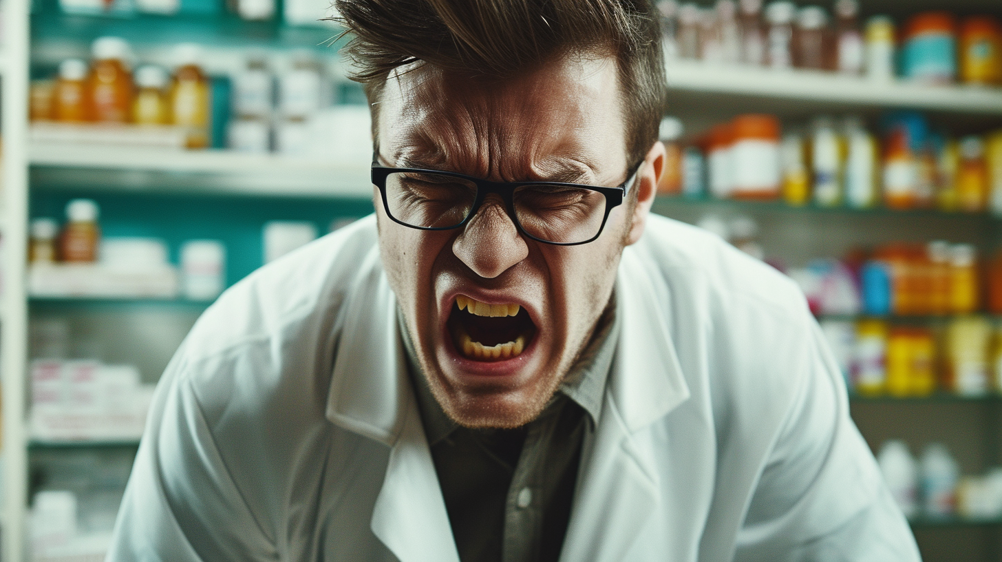 Angry Male Pharmacist in Glasses