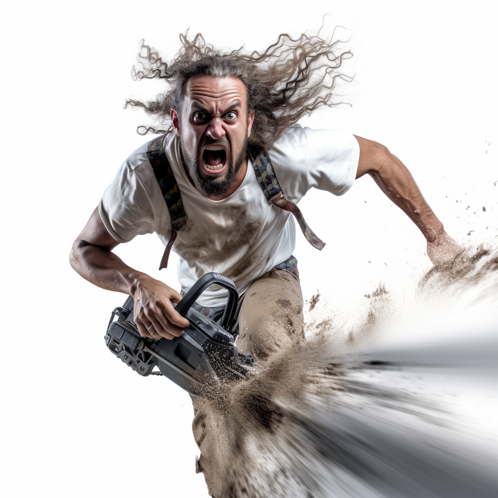 Intense Angry Man Running with Chainsaw