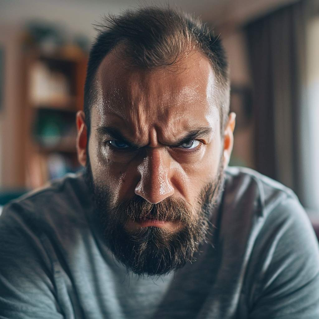 Angry man in living room