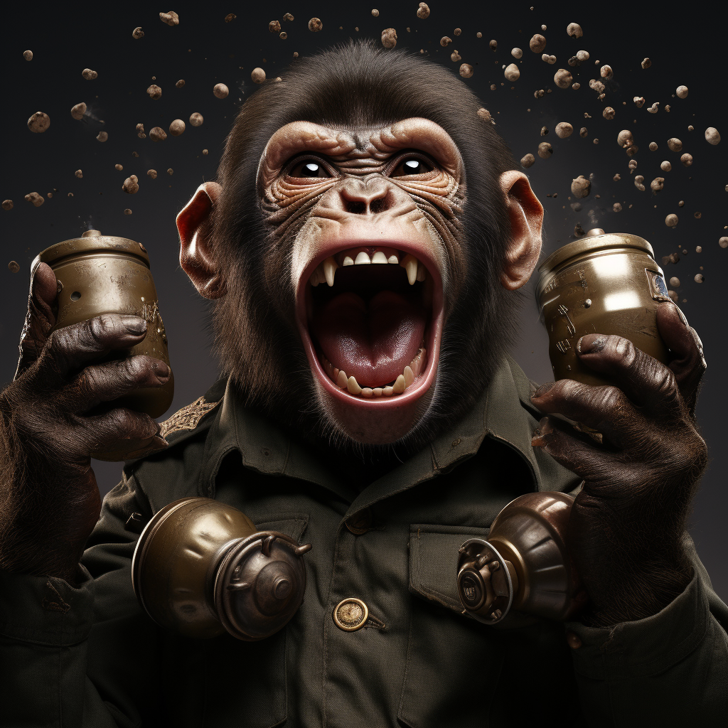 Photorealistic Angry Monkey Holding Grenades