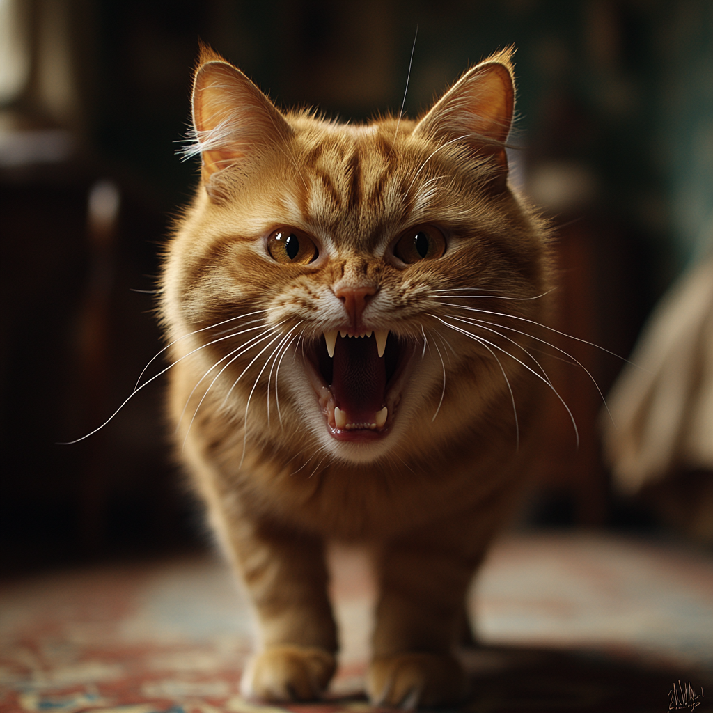 Realistic angry orange cat hissing