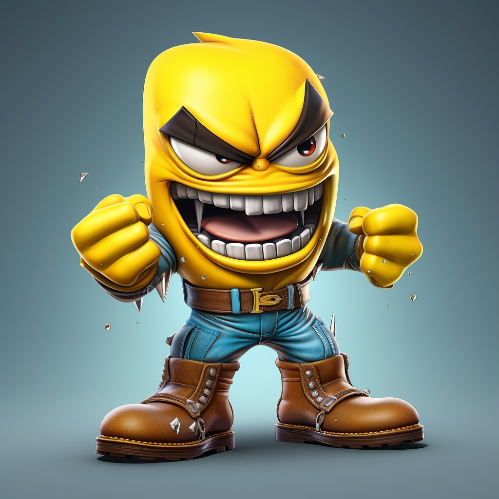 Cartoon character with angry Pacman style, boots, gloves, sharp teeth