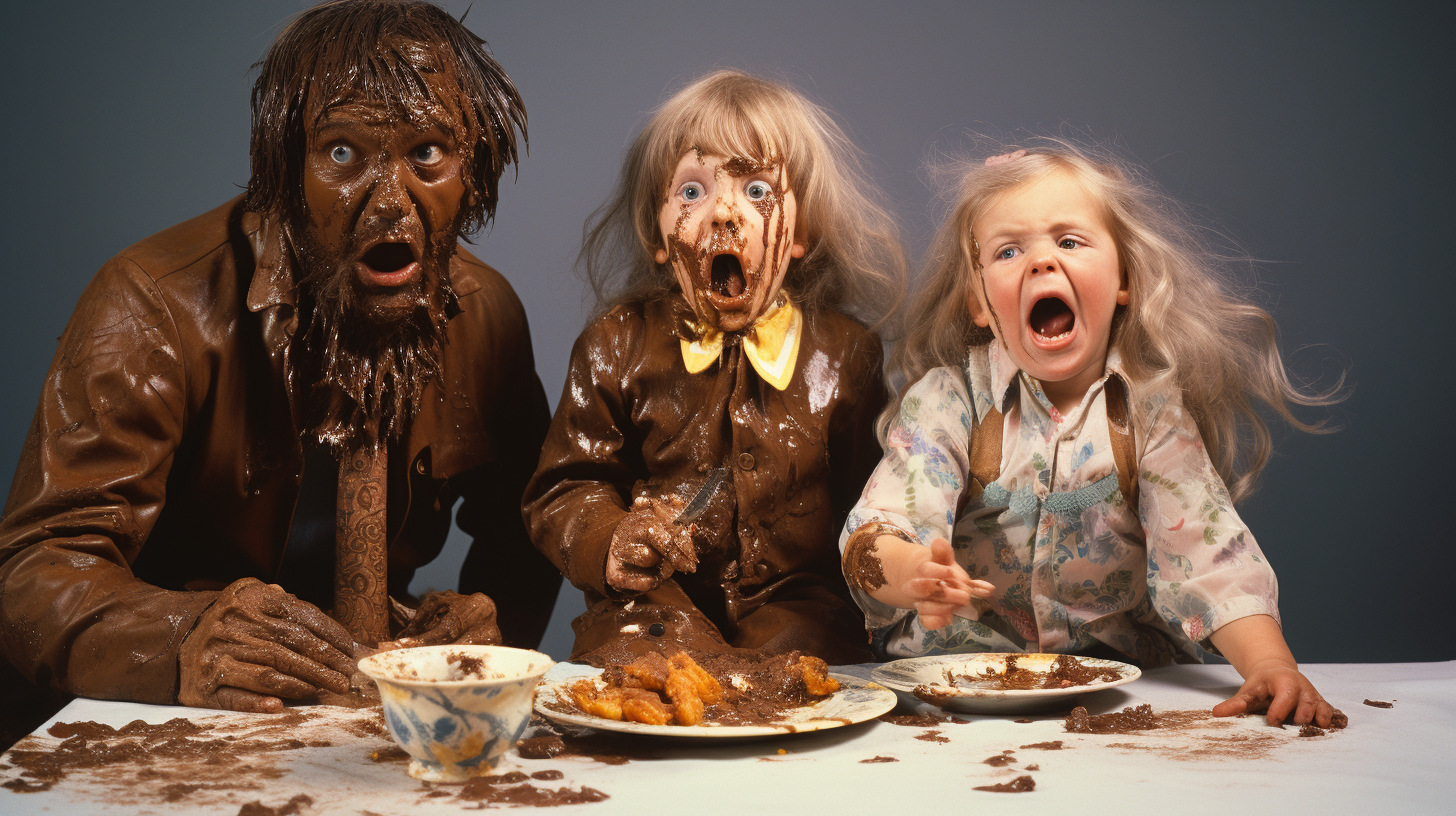 Angry parents with messy child covered in chocolate