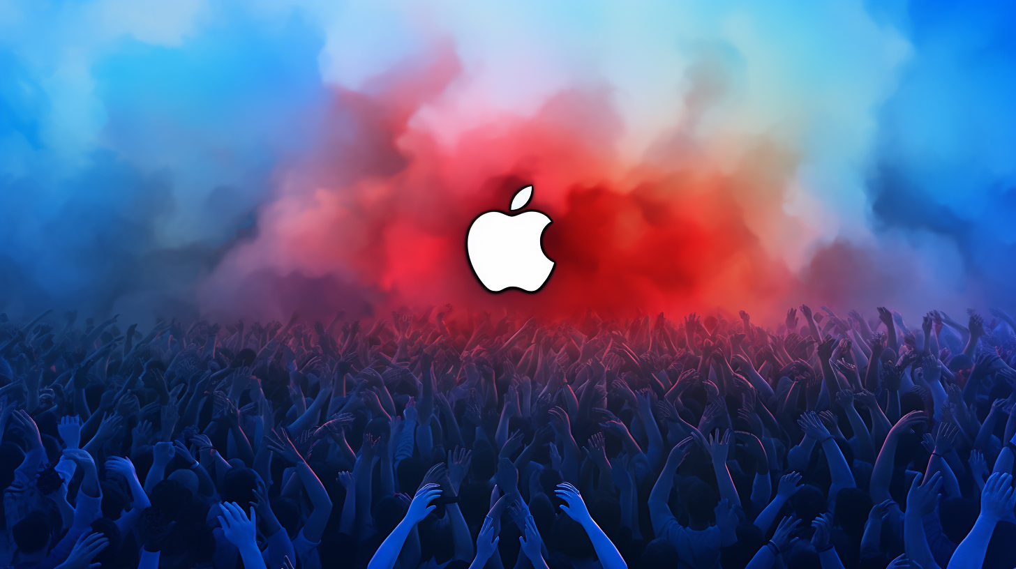 Apple logo amidst angry protesters