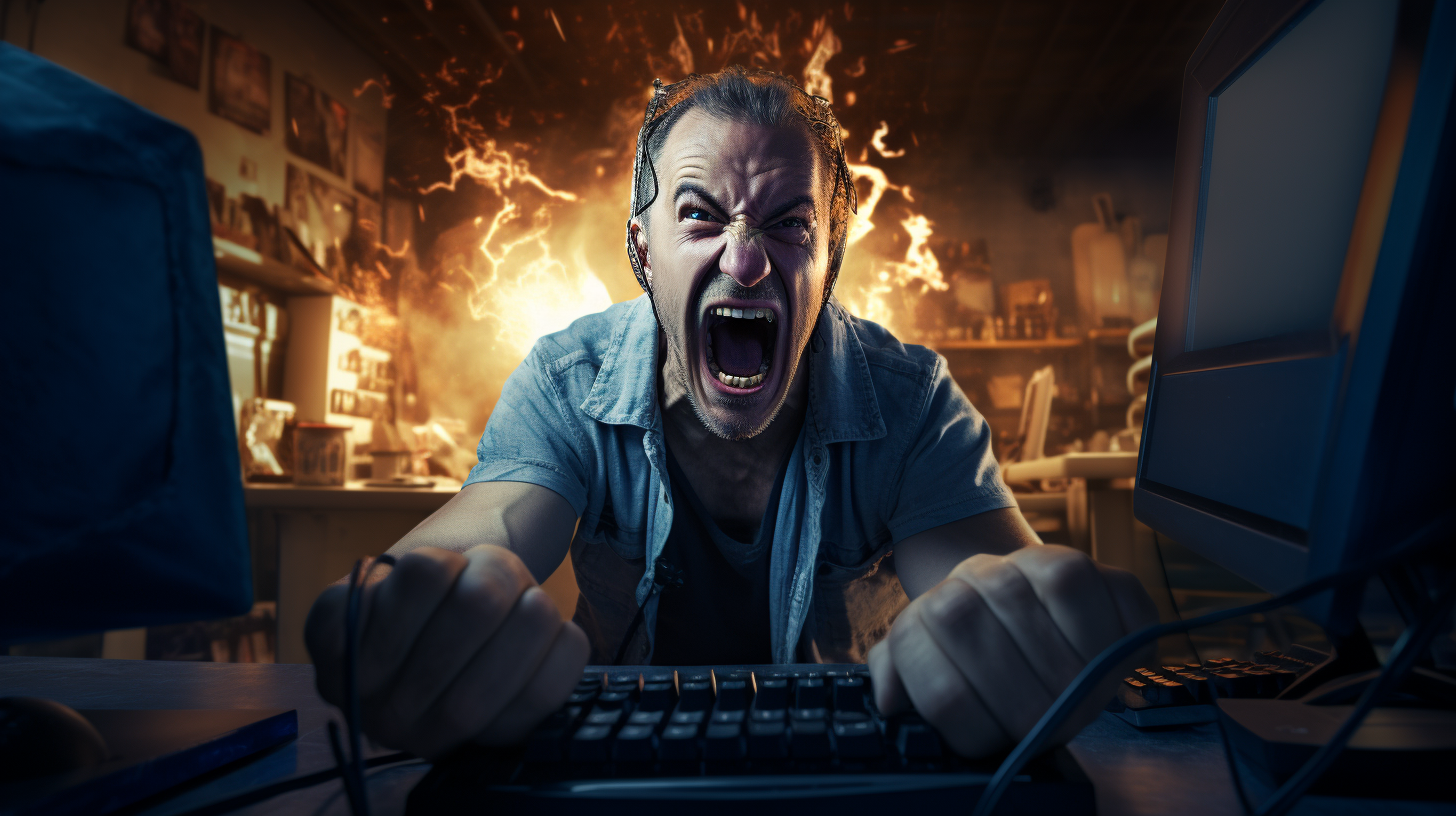 Angry person playing video games on a computer