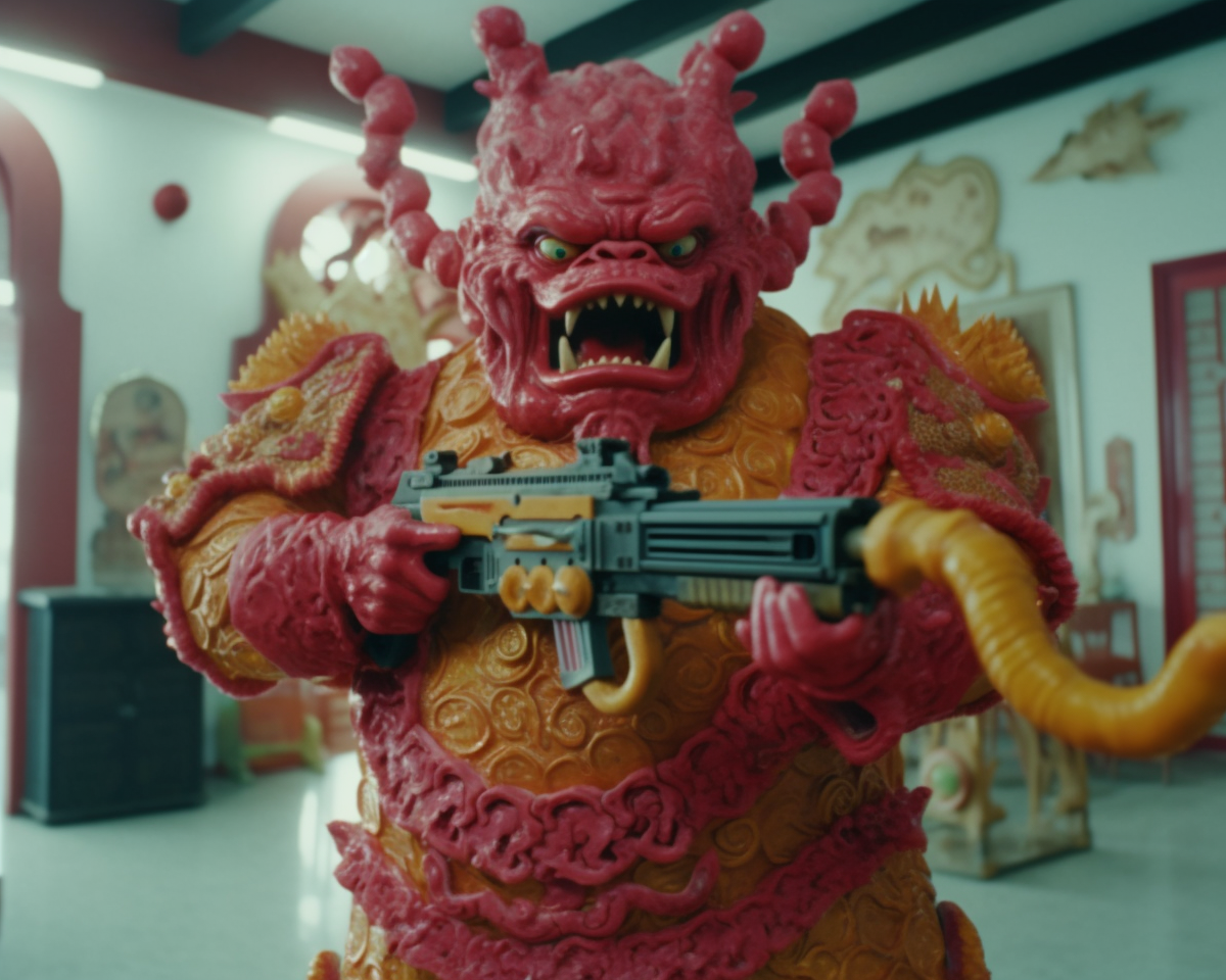 Angry Red Dim Sum Monster Wielding Rifle