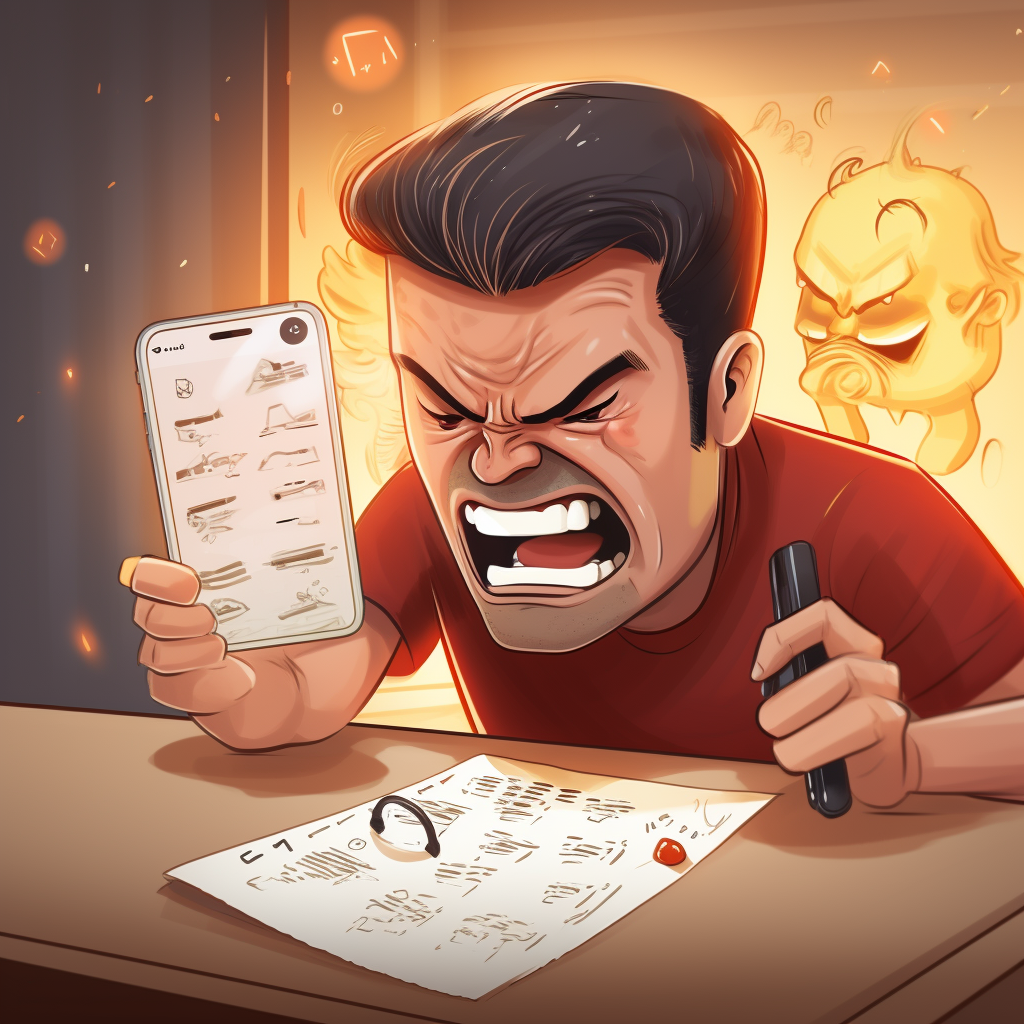 Angry person writing review on phone (cartoon)