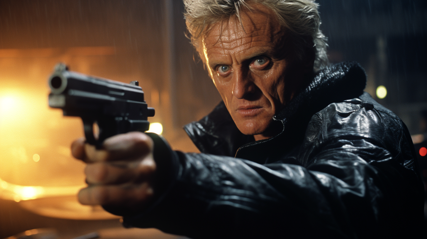 Angry Rutger Hauer holding a gun