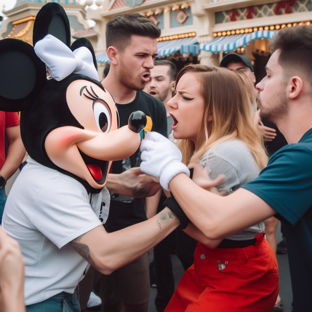 Angry white people beating Mickey Mouse at Disneyland