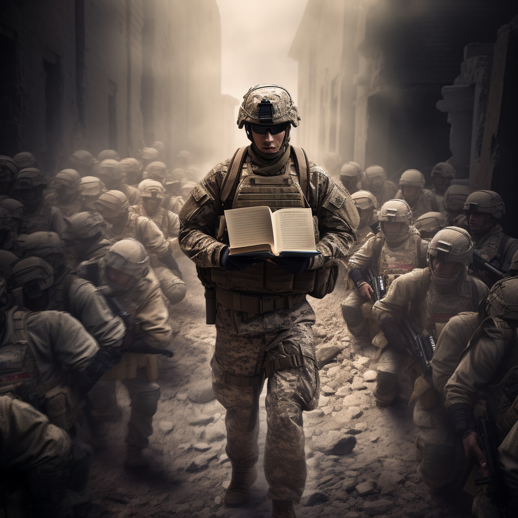 Angry soldier holding books marching forward