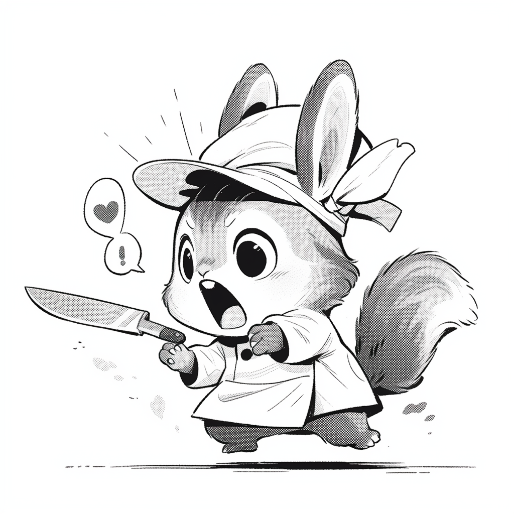 Mad squirrel screaming with kitchen knife