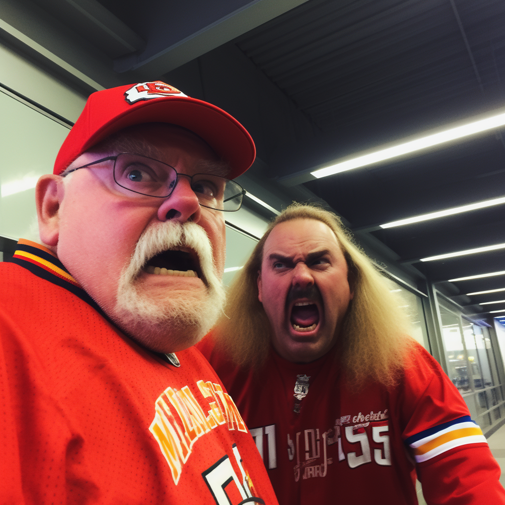 Angry Swifty and Wilford Brimley cosplayer in Chiefs attire