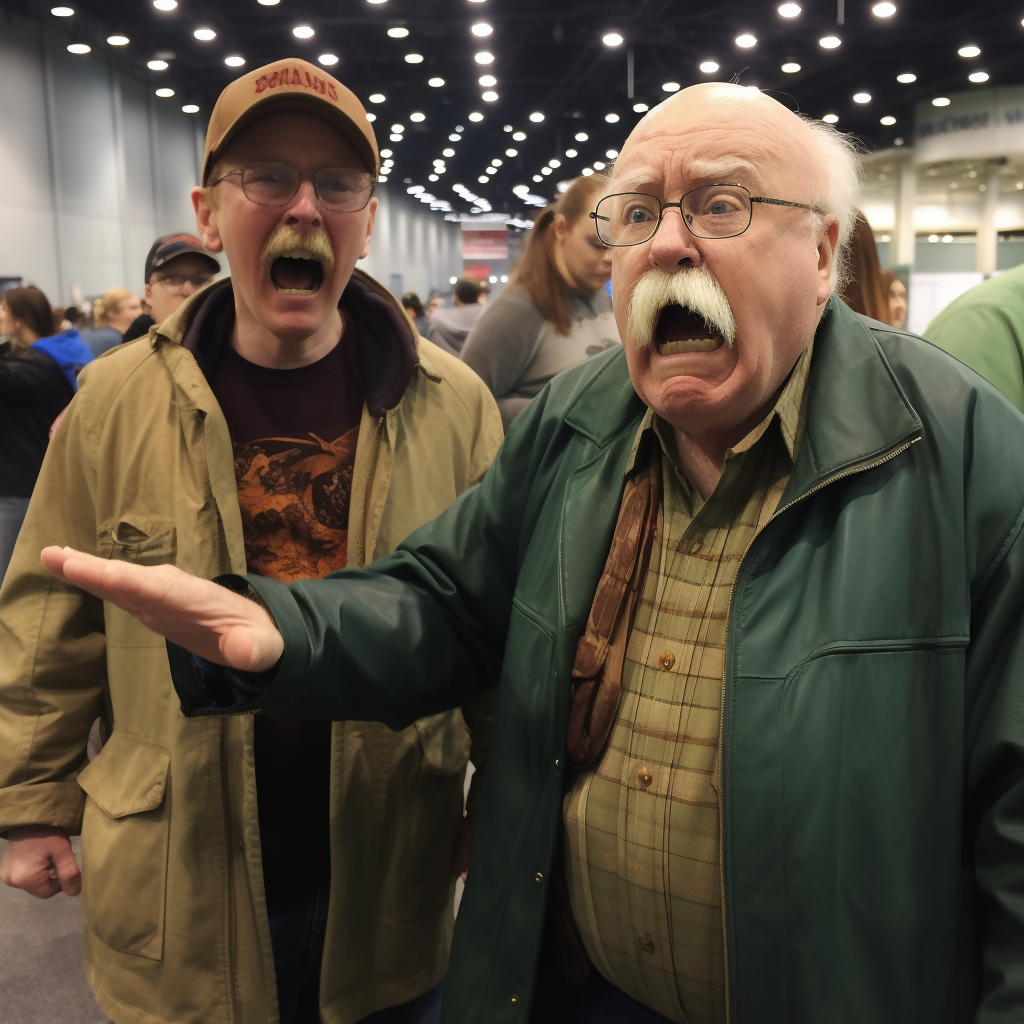 Angry Swifty and Wilford Brimley cosplayer yelling