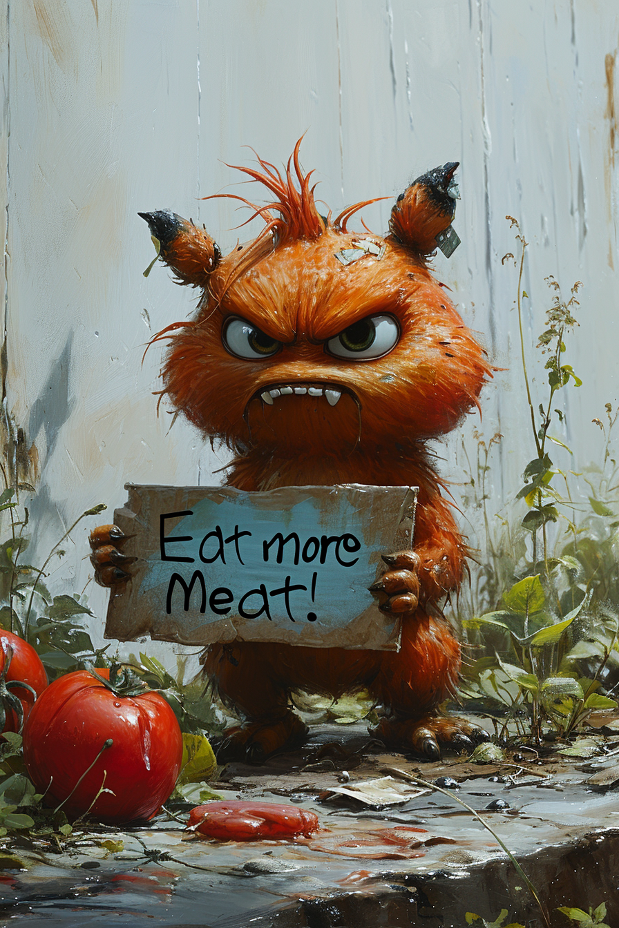 Angry tomato holding sign promoting meat consumption.