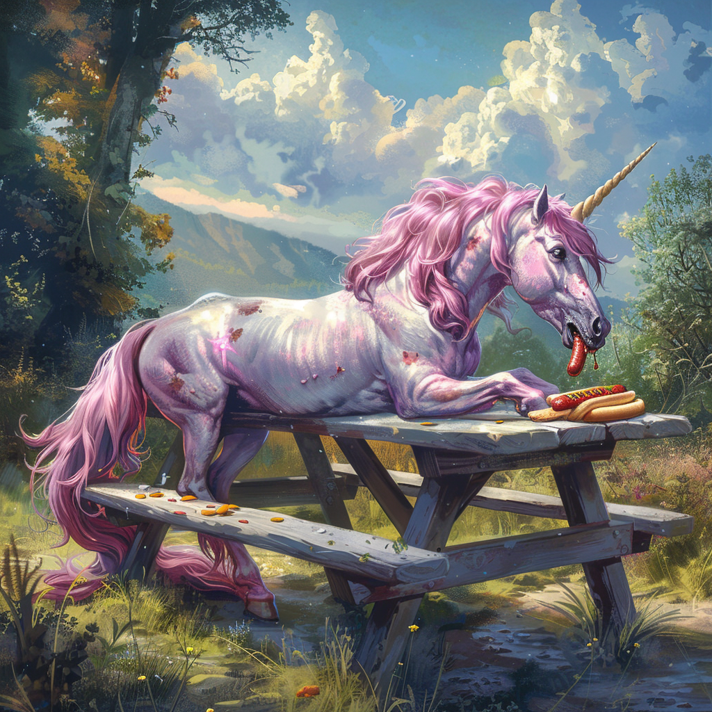 Angry unicorn eating hotdog