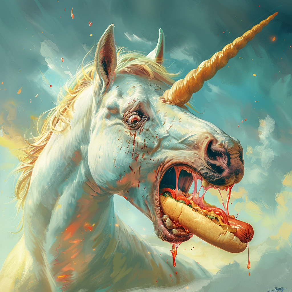 Angry unicorn eating hotdog illustration