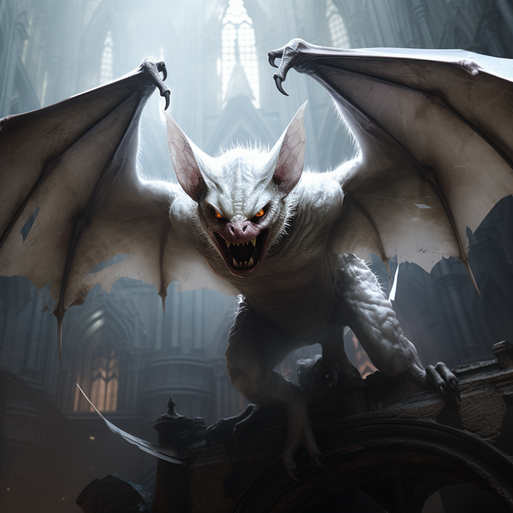 Angry white bat in gothic environment