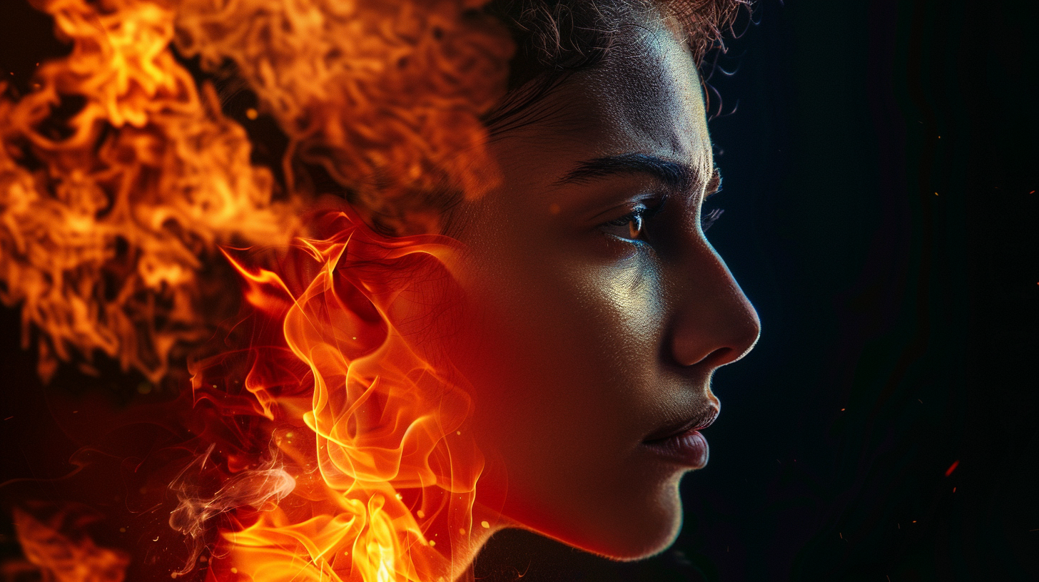 woman profile facing fire column