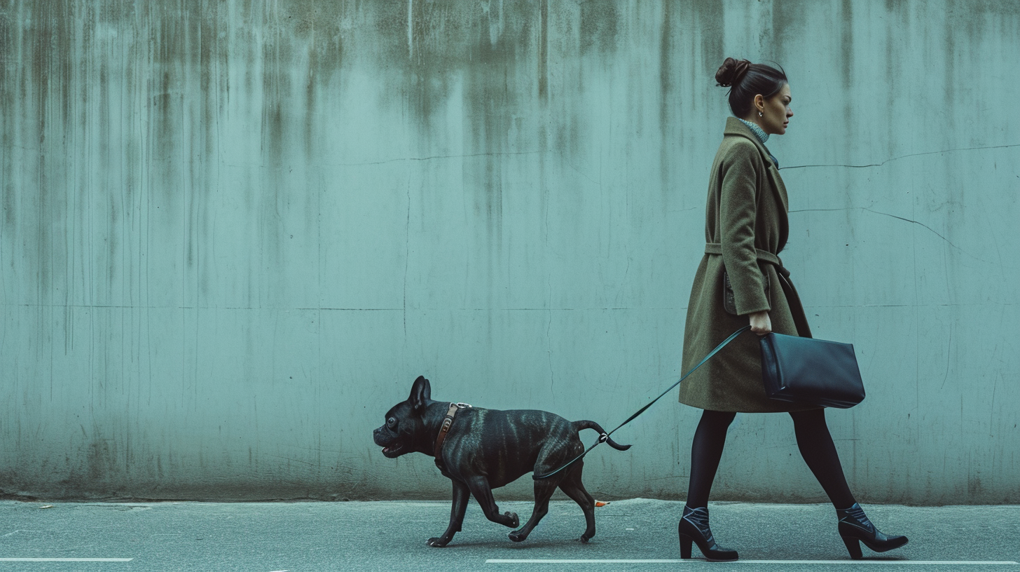 Woman in Officewear Walking with Angry Dog on Leash