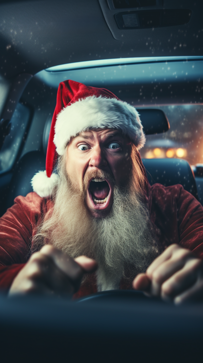 Angry woman rapping in car with Santa hat