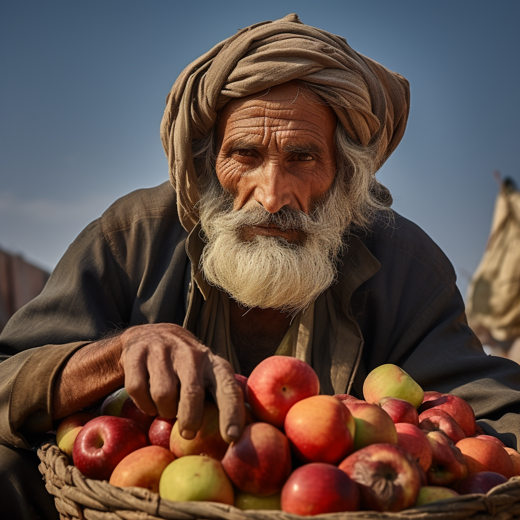 Frustrated apple seller awaiting customers