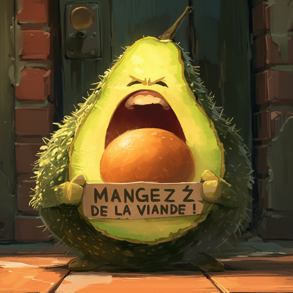 Angry avocado holding  MANGEZ DE LA VIANDE !  sign