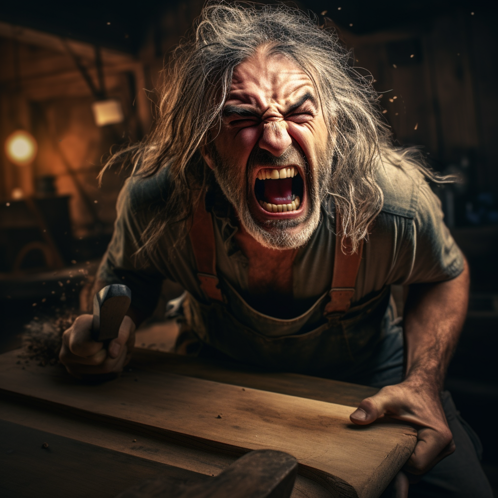 Angry carpenter expressing rage and sadness