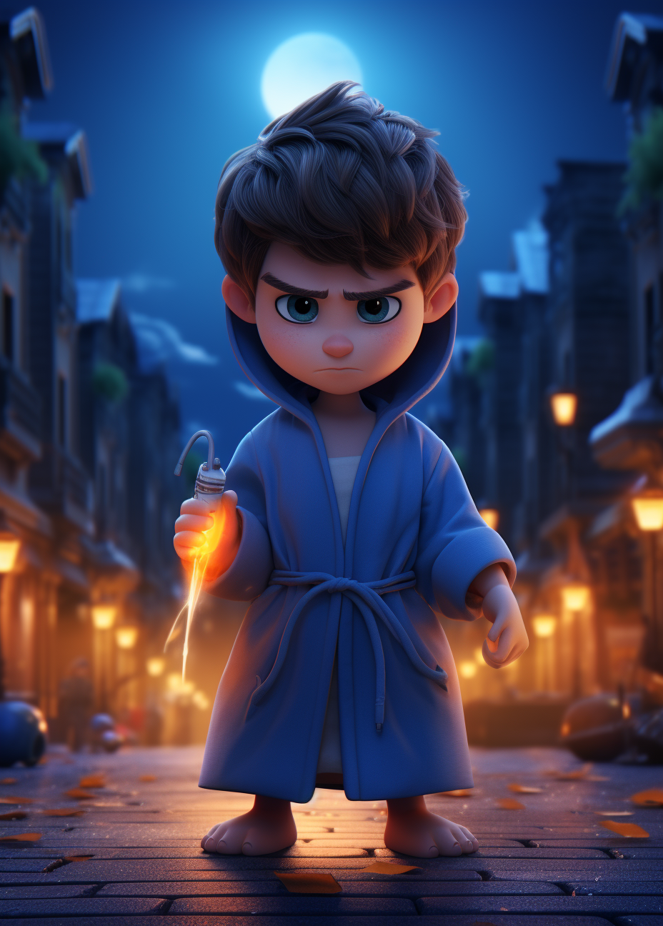 Angry children in blue bathrobe with inflatable knife