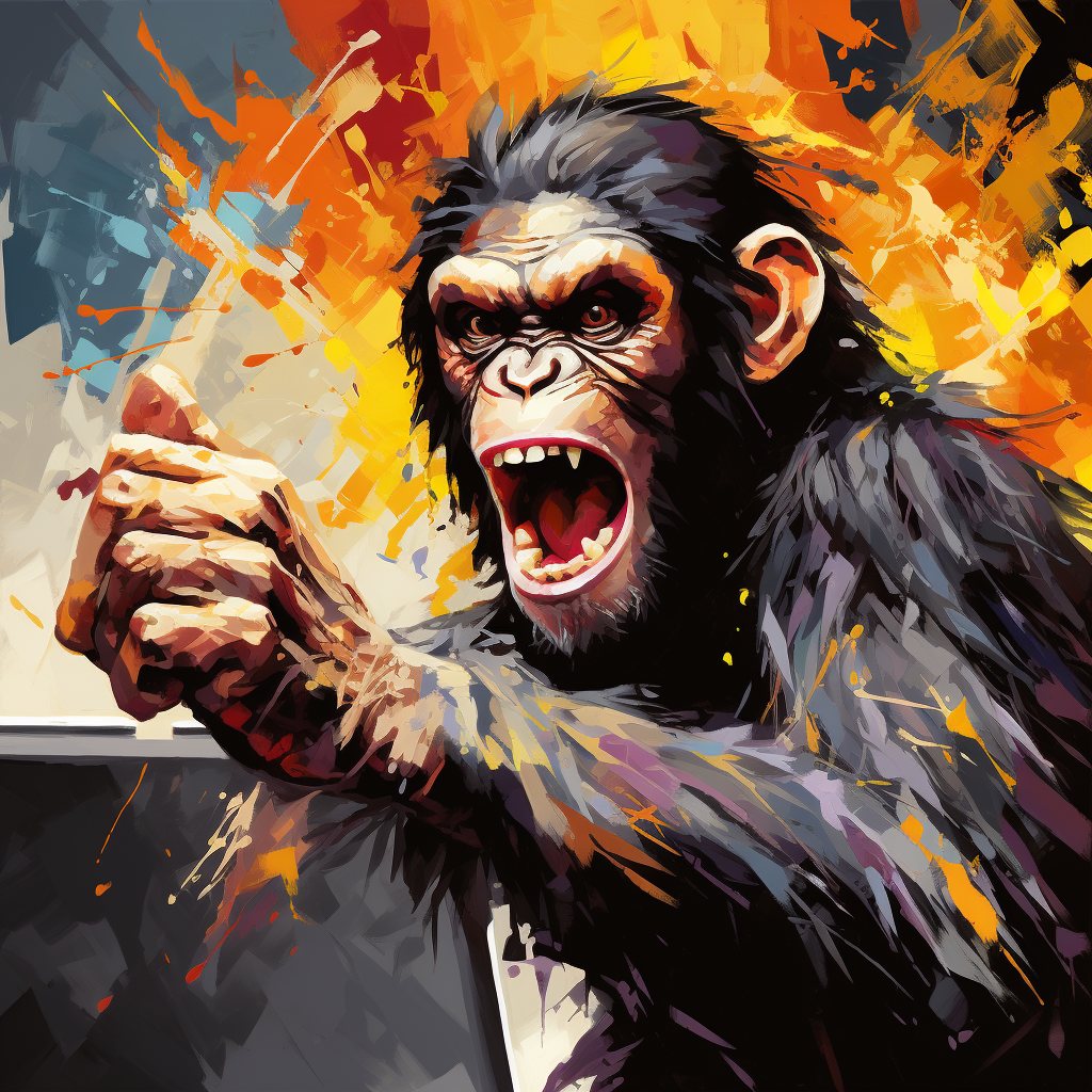 Angry chimp smashing computer screen