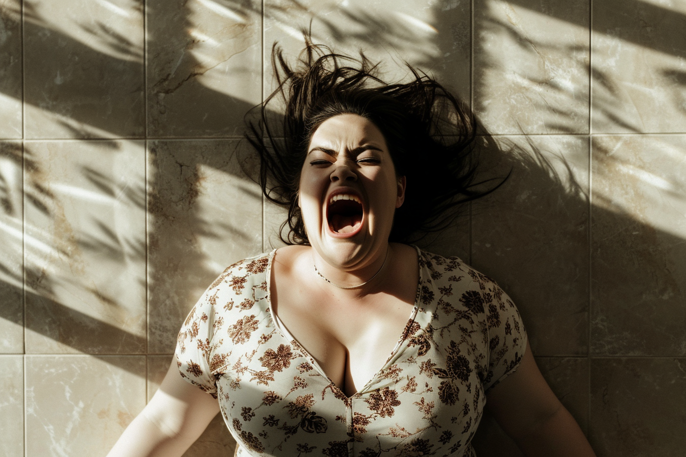 Angry woman lying flat on ceramic floor, yelling