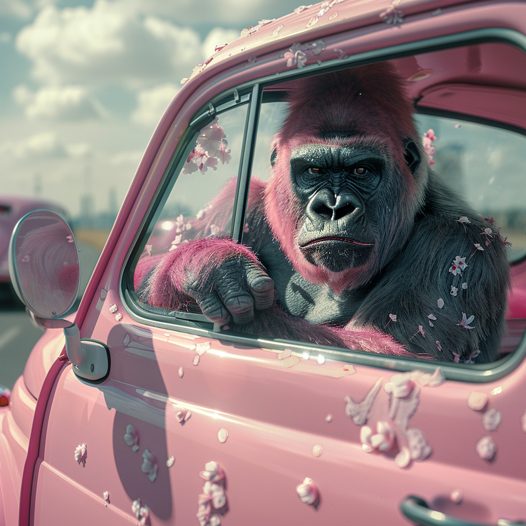 Large angry gorilla driving pink Fiat