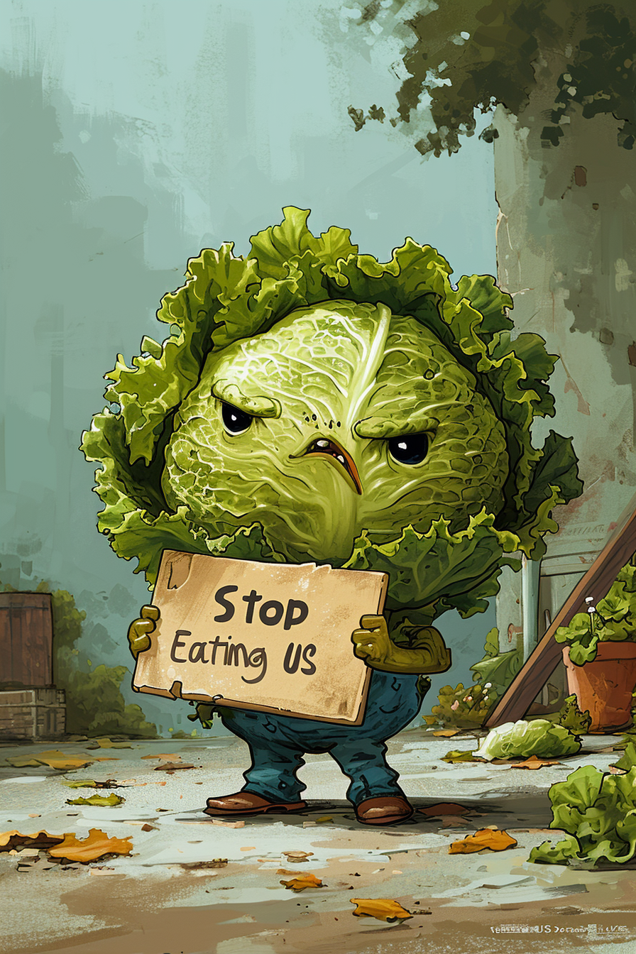 Angry lettuce holding a sign to stop eating vegetables