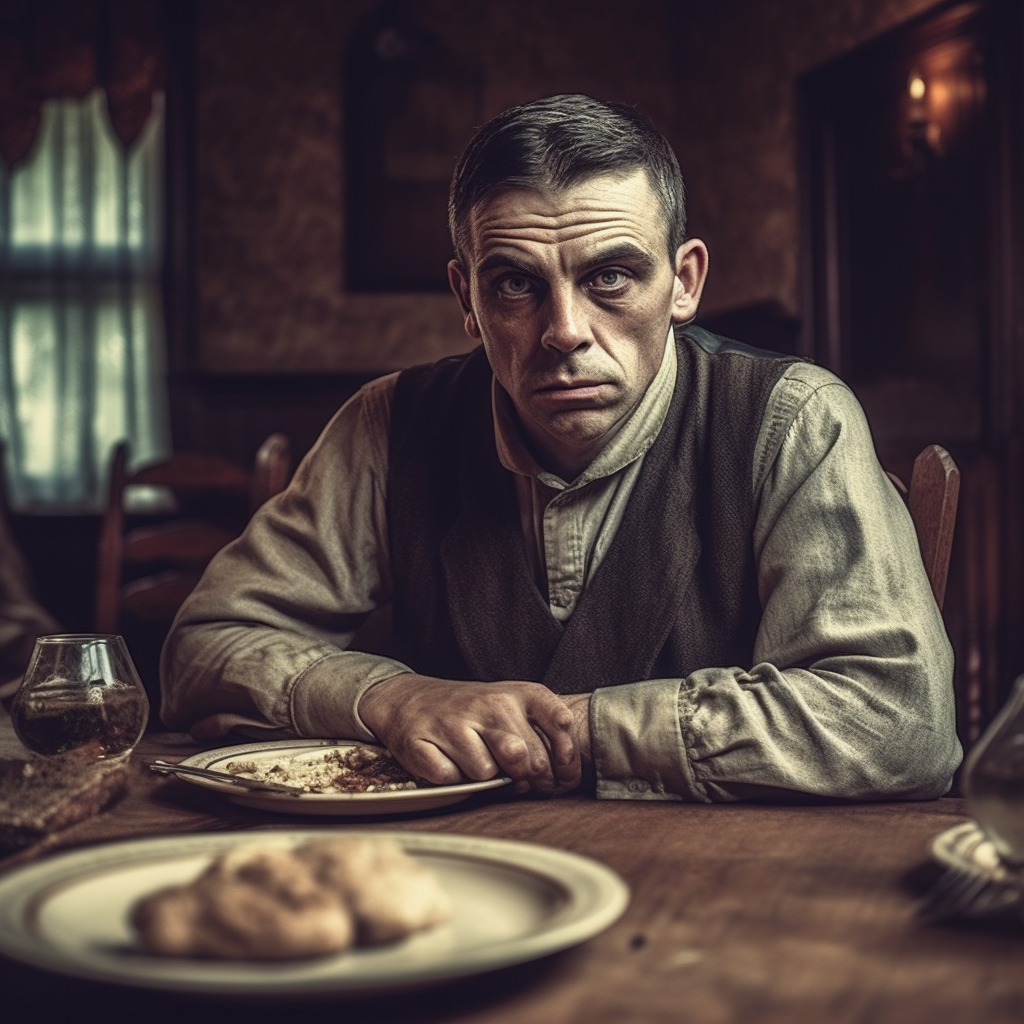 Angry man having dinner in old house