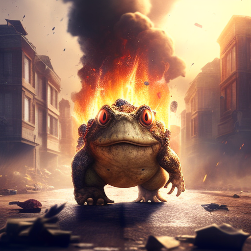 Angry toad walking away from explosion