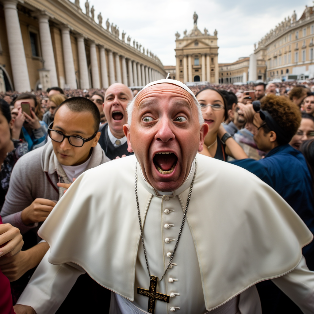 Photorealistic image of furious Pope doing head spins in Vatican