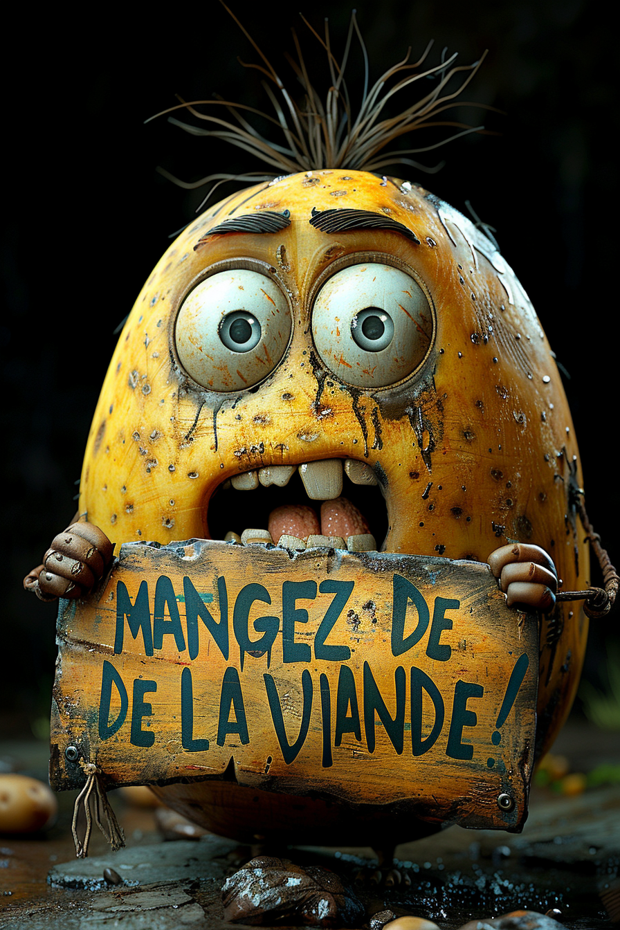 Angry potato holding meat sign