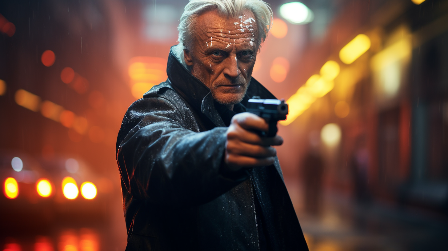 Angry Rutger Hauer as Batty pointing gun