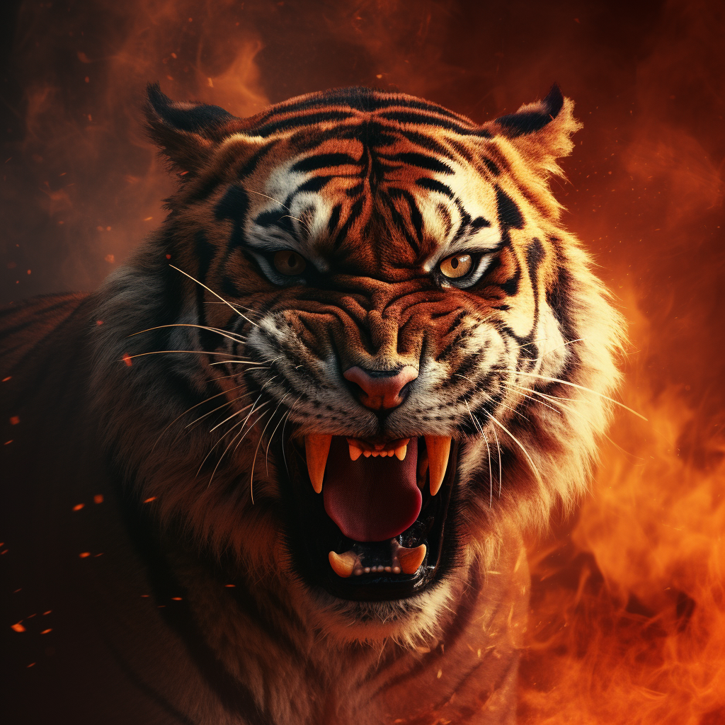 Angry tiger with fiery red background