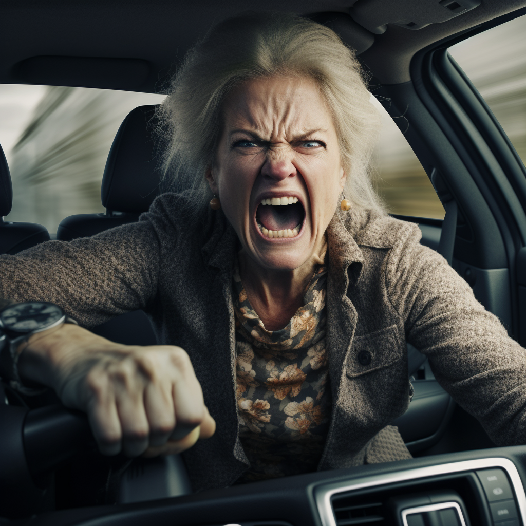 Angry woman in road rage driving