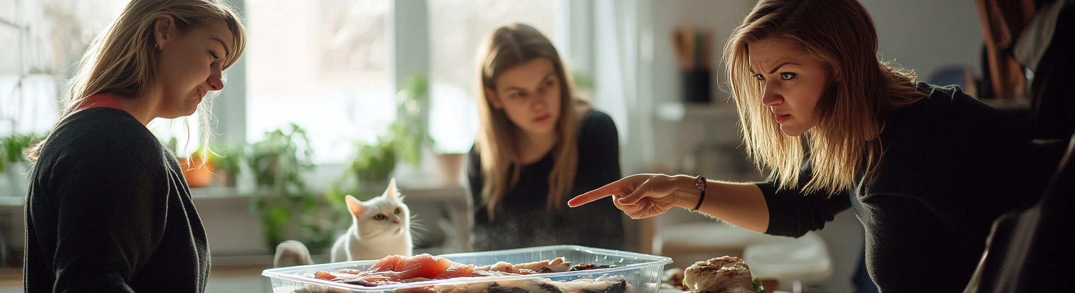 Two angry women pointing at food