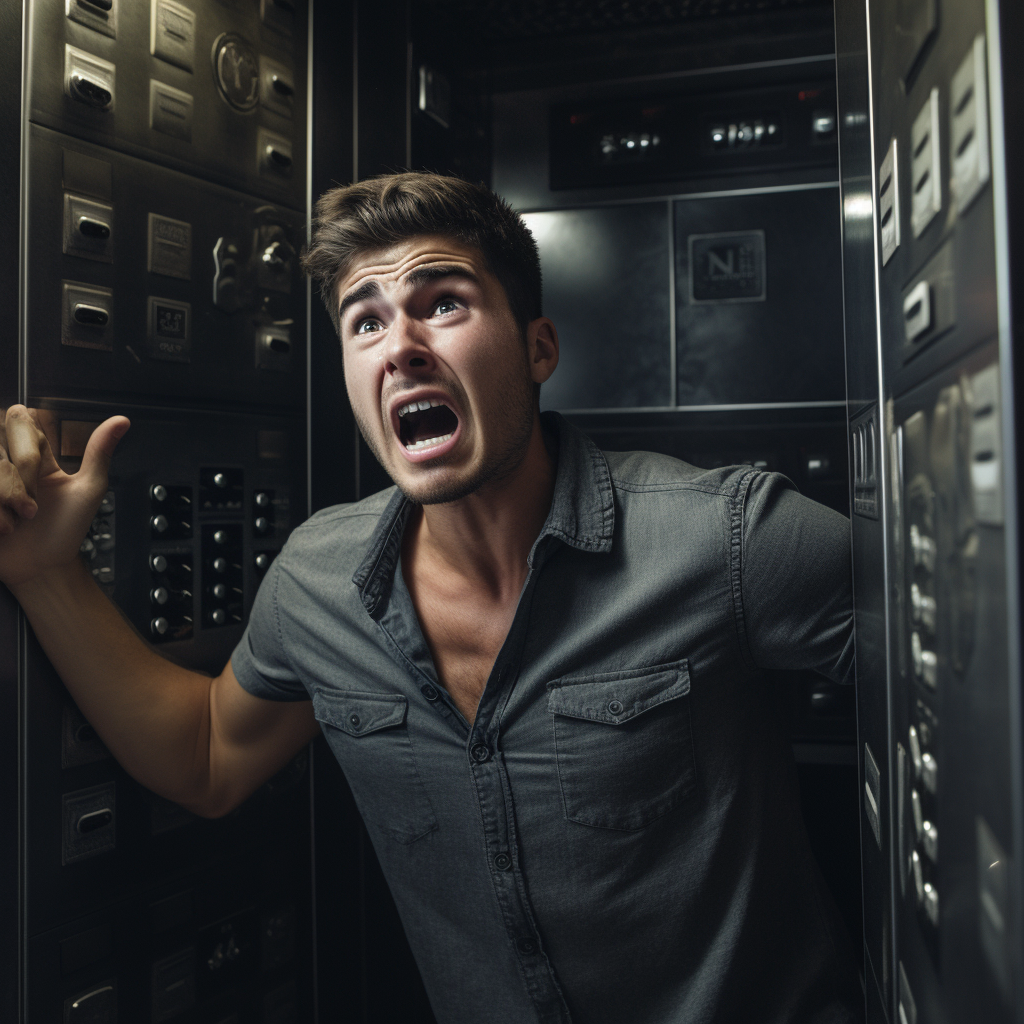 Angry young man pressing elevator buttons