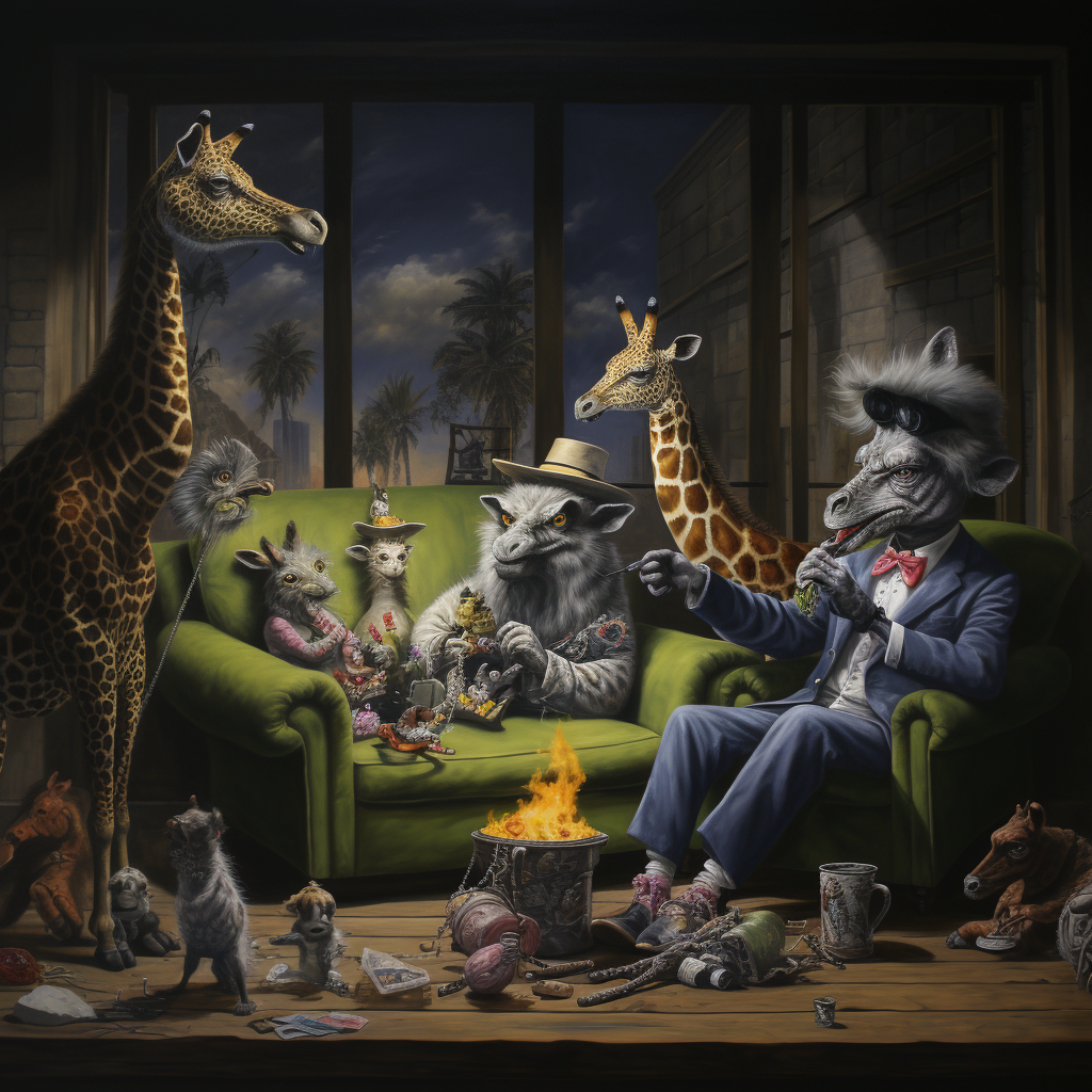 Animals enjoying a party on a sofa