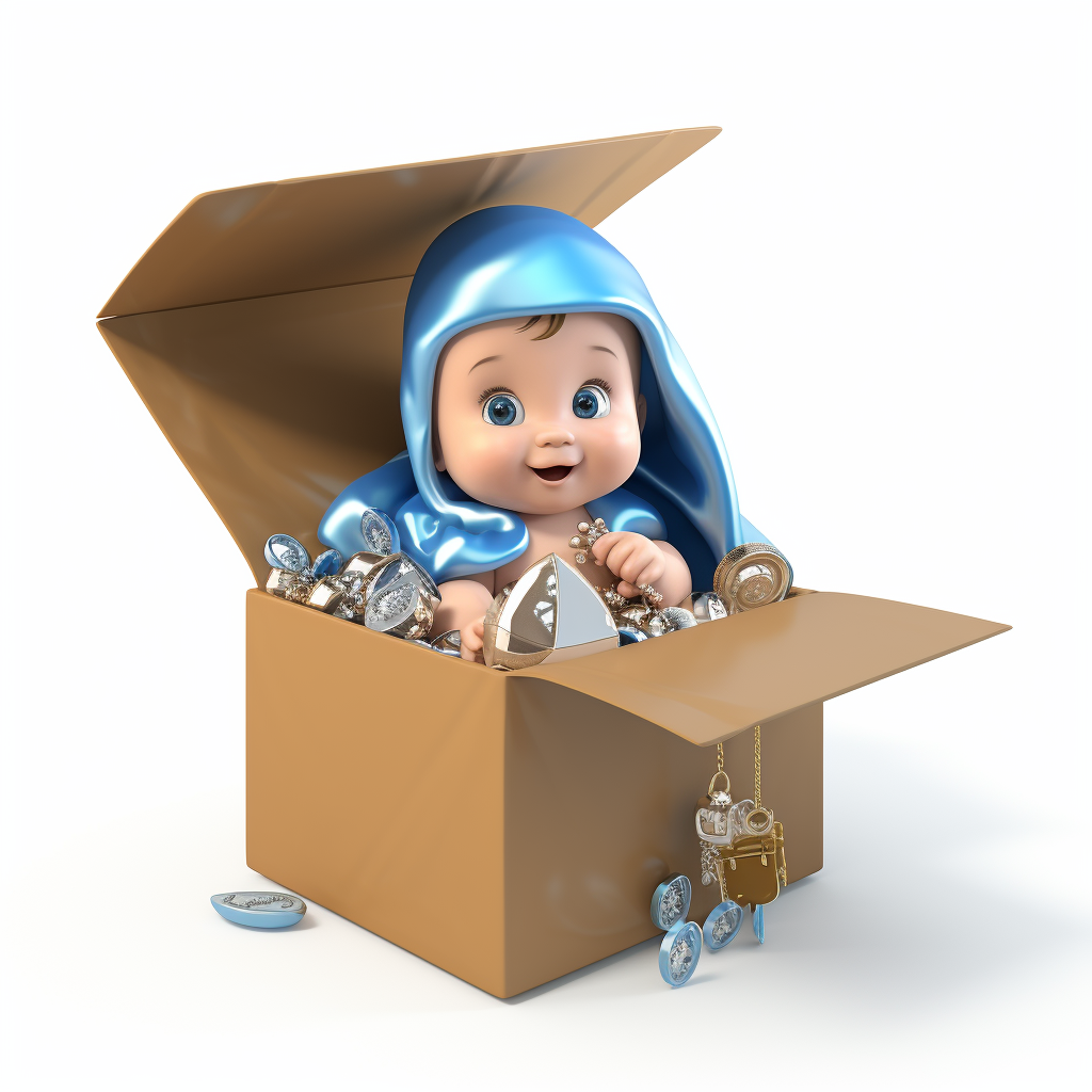 Adorable 3D baby sitting inside a box with jewels