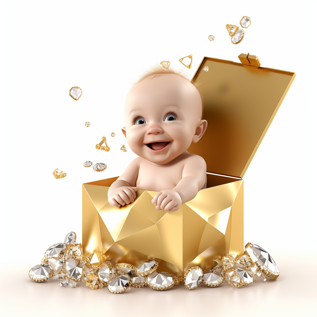 Smiling baby in a cardboard box with jewels and gold